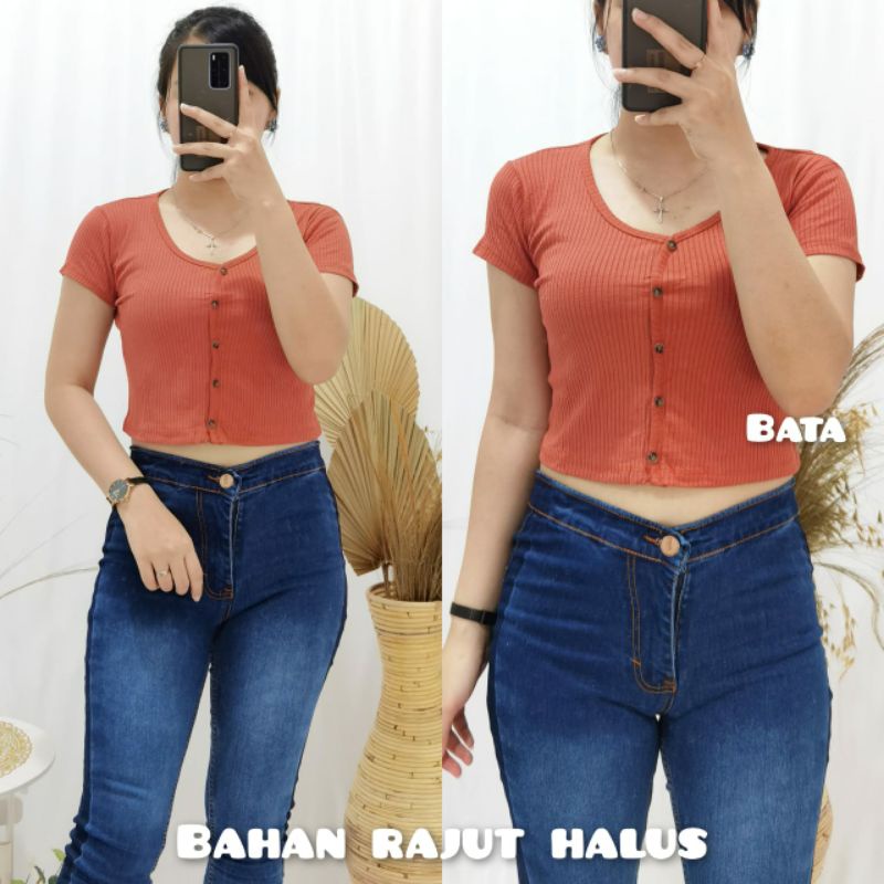GLIVEO (COD) - ATASAN CROP TOP KANCING RIB HALUS | KAOS CROP RAJUT RIB WANITA | KAOS CROP LENGAN PEN