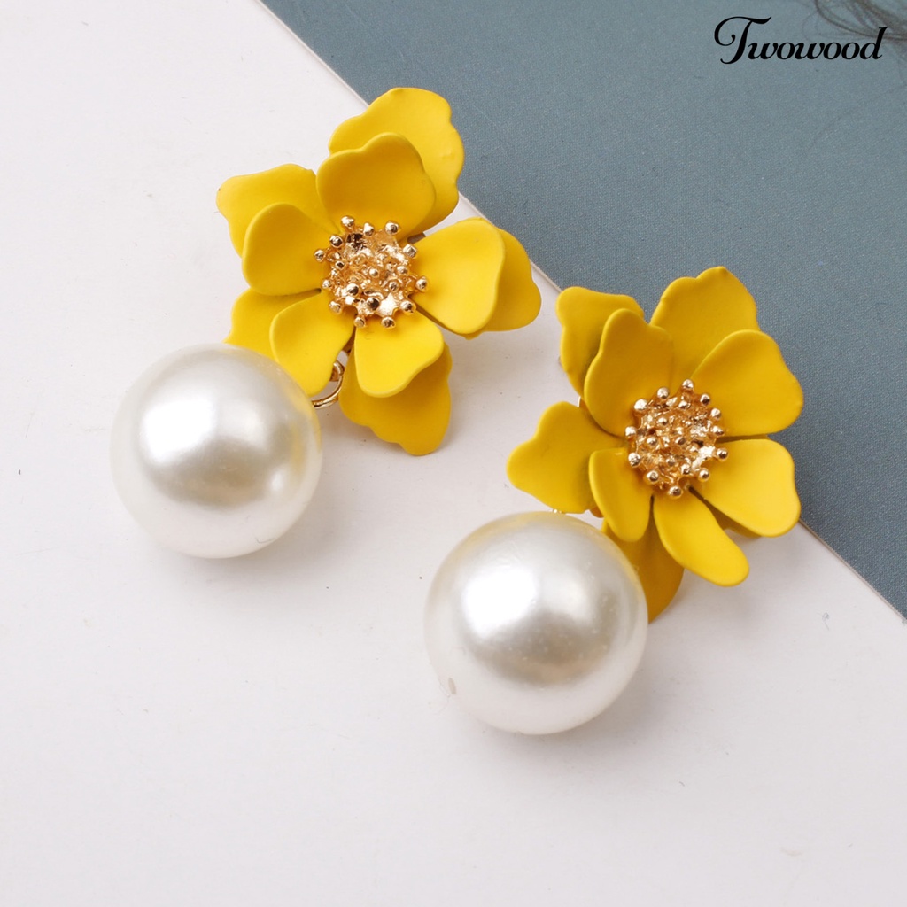 Twowood 1 Pair Big Flower Pendant Faux Pearl Women Earrings Alloy Piercing Sweet Drop Earrings Jewelry Accessory