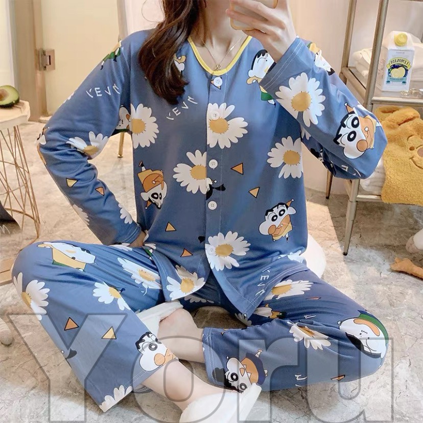 Pamelo.id Piyama Import PP 50 Corak Baju Tidur Import Pajamas Import Baju Tidur Murah-PY8 Sinch Flowerblue