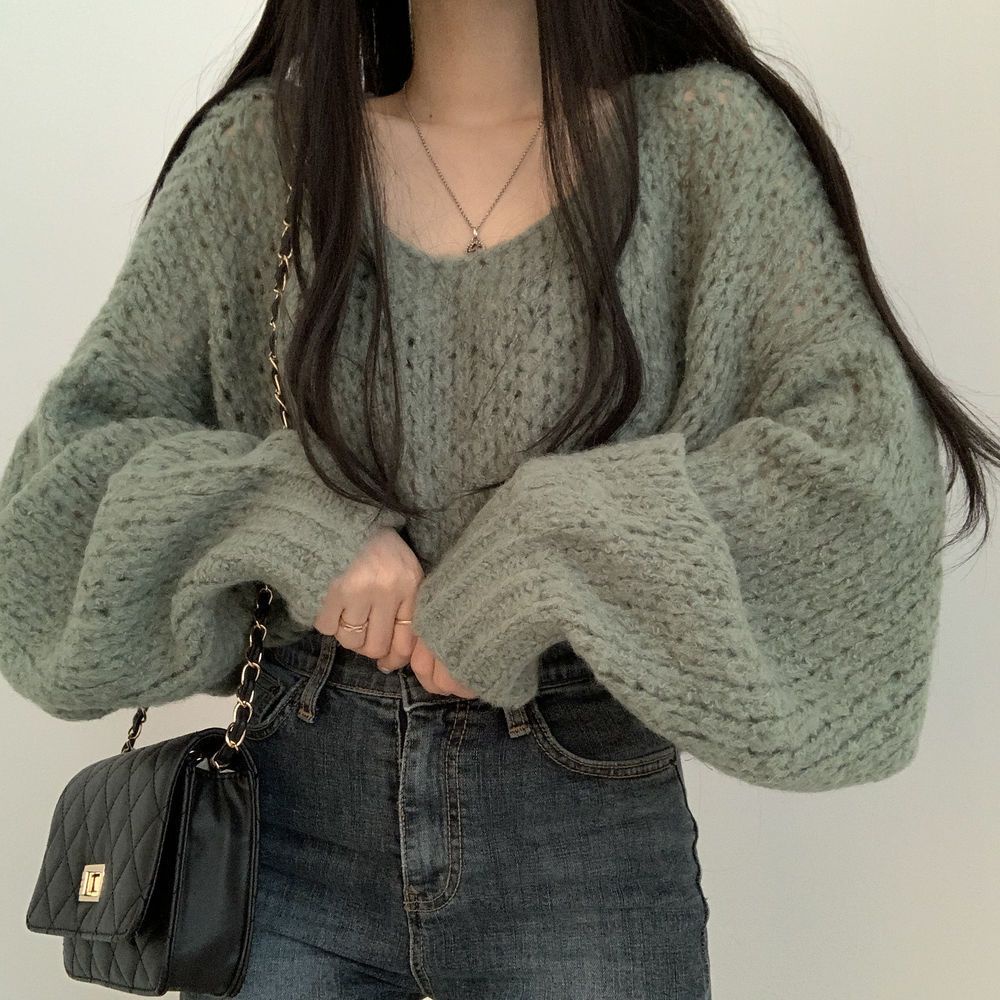 #Sisjuly# Wanita Serbaguna Pullover Berongga Sweater Rajut Longgar Pakaian Luar Lentera Lengan Sweat