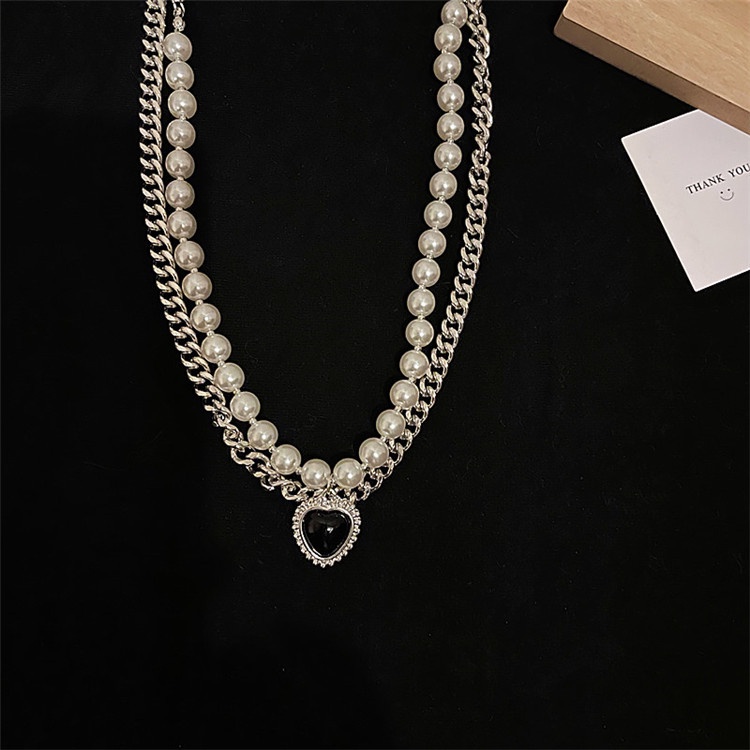 Kalung Rantai Klavikula Hias Mutiara Bentuk Hati Gaya Retro