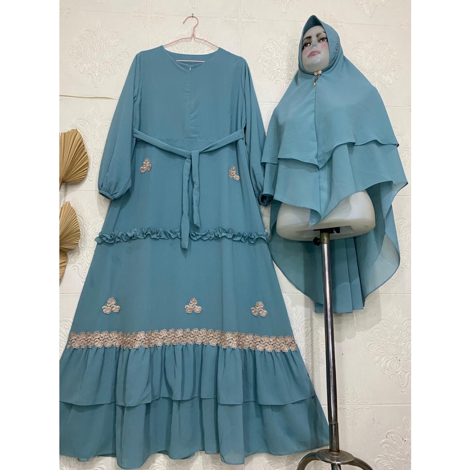 Gamis Syari Ceruty Renda / Gamis Terbaru Mix Renda Bunga Cantik / Gamis Ceruty Babydoll