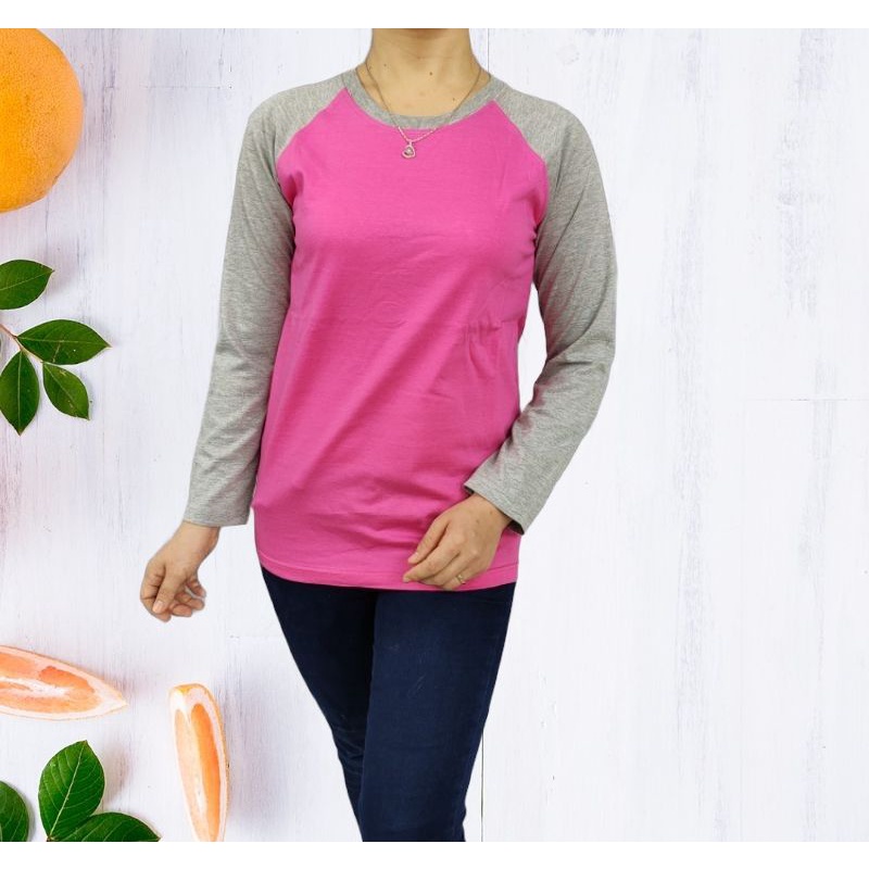 kaos polos reglan wanita (unisex) lengan panjang uk M L XL XXL-Pink-abumisty pjg