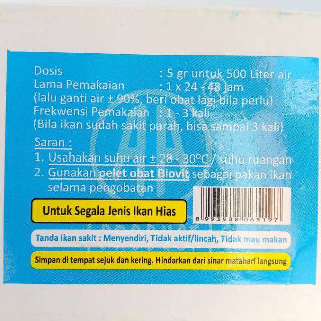 Biotik Biru Obat Ikan Anti Bakteri Dan Jamur 5 gr Harga per 1 sachet Original