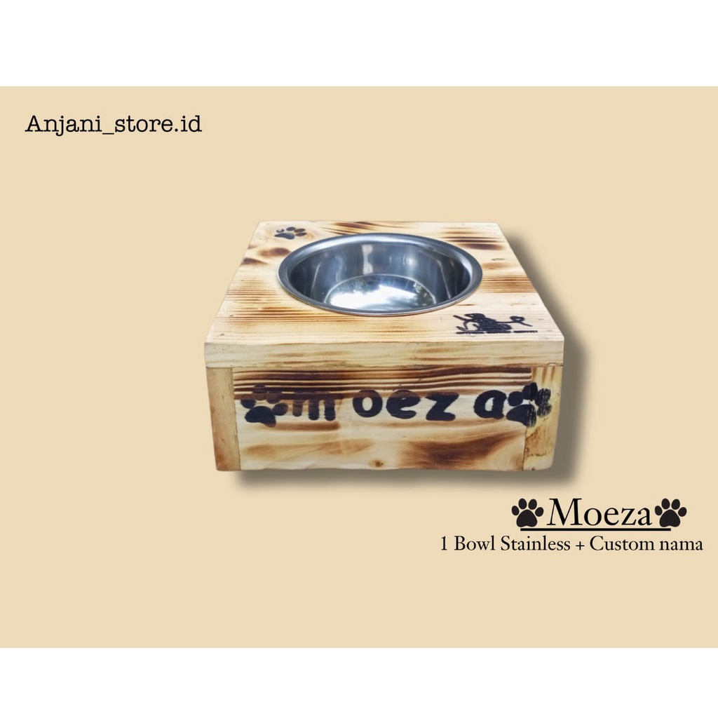 TEMPAT MAKAN KUCING DAN ANJING STAINLES KAYU - SINGLE BOWL