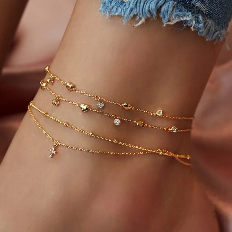 Women 4 Layers Cross Pendent Rhinestone Bohemia Chain Multilayer Anklet