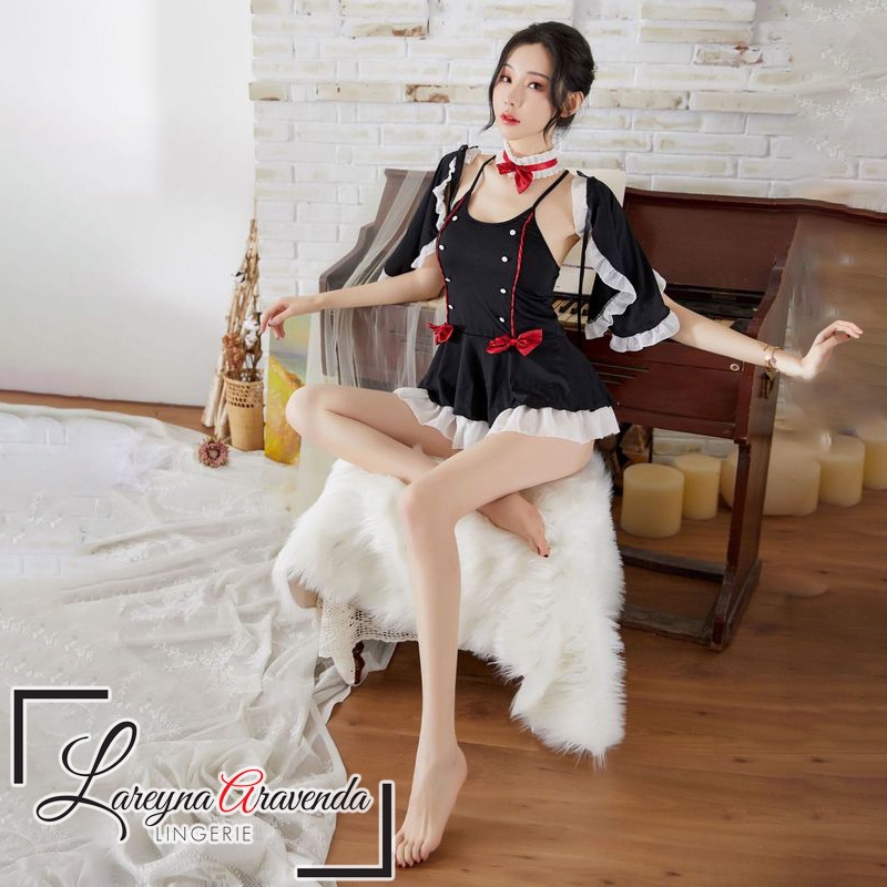 Set Lingerie + CD + Gelang Leher Seksi Model Costume Black Maid Premium LG439