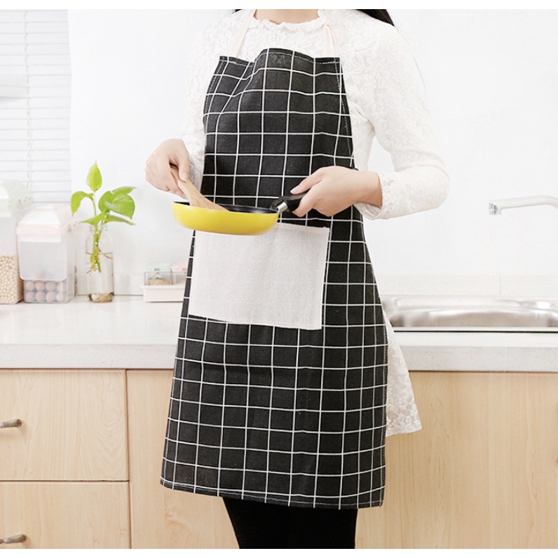 Mysterygirl - Clemek Masak Dengan Bahan Katun Linen Dan Motif Kotak-Kotak Apron Waterproof Cafe Waiter