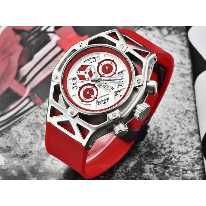 Jam Tangan Pria Original NORTH 7710 Chronograph Anti Air Red Silver JS0273