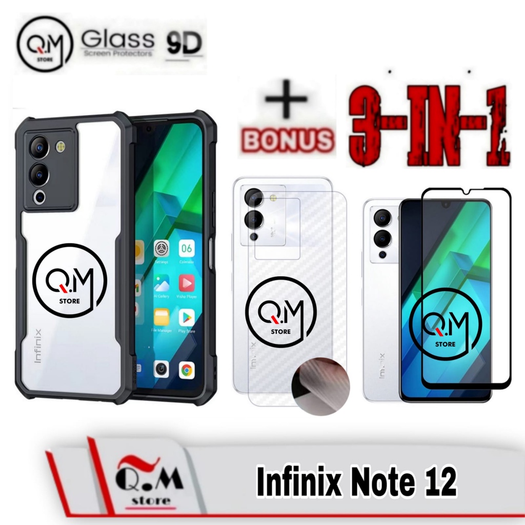 Paket 3 in1 Case Transparan Infinix Note 12 Softcase Transparan Armor Acrilik Pelindung Back Cover