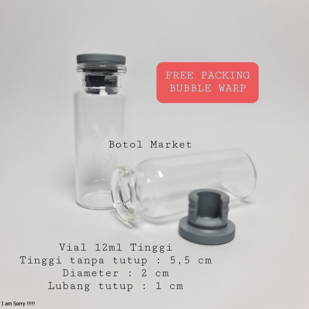 Vial 12ml TINGGI botol kaca tester tutup karet rubber stopper