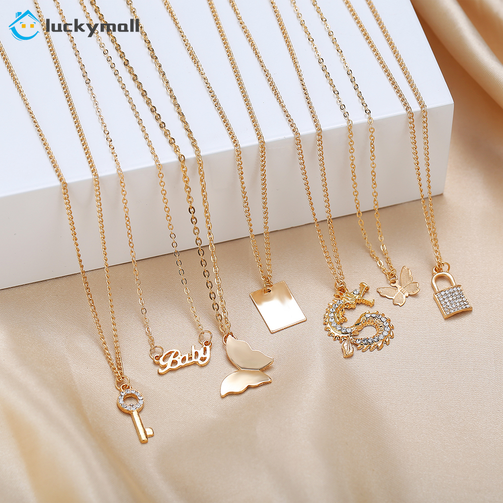 6pcs/set Simple Butterfly Lock Key Diamond Pendant Necklace Fashion Creative Rose Letter Necklaces Accessories Jewelry Gift