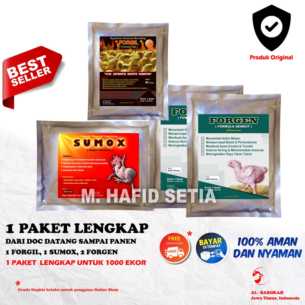 Vitamin ayam untuk 1000 ekor ayam sampai panen; 1 psc Forgil, 1 pcs Sumox, 2 pcs Forgen