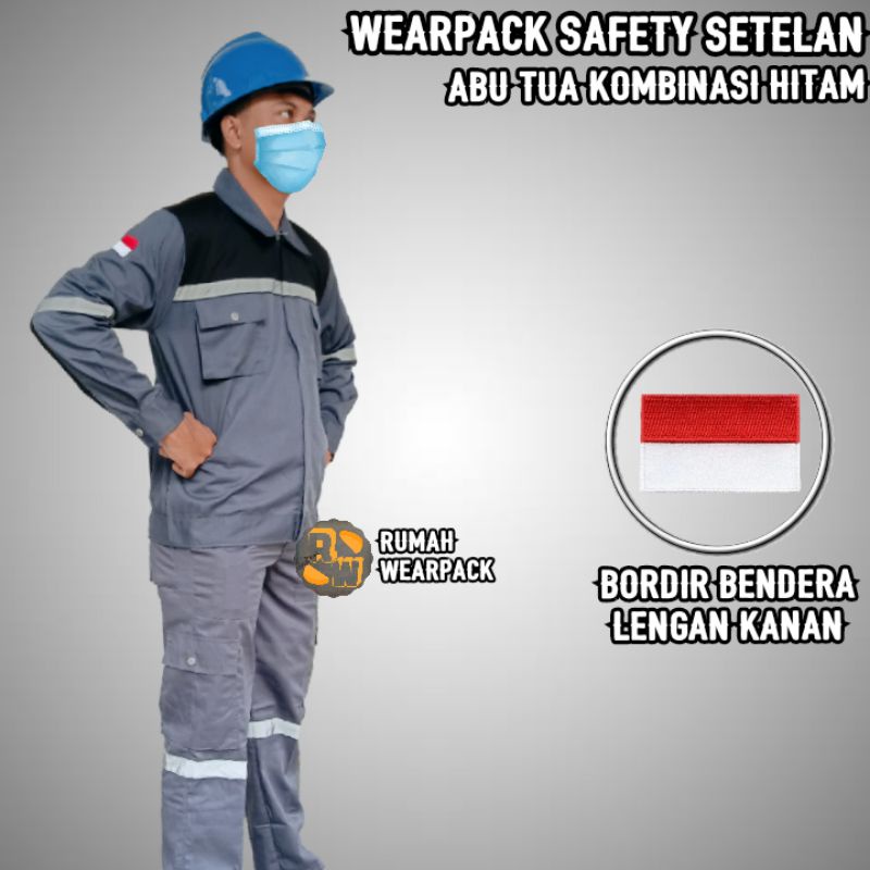 Setelan Baju Safety Abu Tua Kombinasi Hitam  dan Celana Abu tua