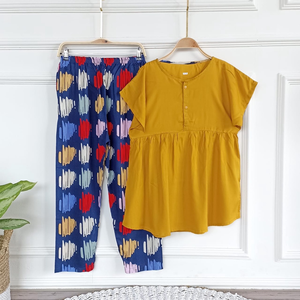 SETELAN BAJU TIDUR PIYAMA WANITA ONE SET PAJAMAS RUFFLE KANCING BUSUI CELANA PANJANG-BBR 11