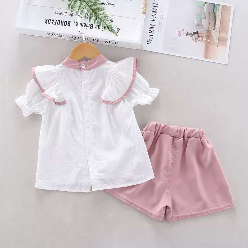 KF Cat Baju setelan anak perempuan korea style polos kemeja+celana pendek set leher bulat kancing belakang-6