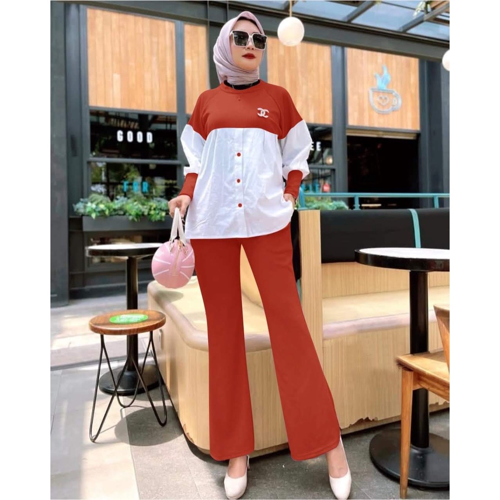 ELDE 12 - SET KNIT ISYANA ( L - XL - XXL ) BAHAN KNIT MANGO IMPORT KOMBI CREPE LD 104CM PJG 66CM BAWAH ADA KANCING VARIASI + CELANA PINGGANG KARET LP MAX 98CM PJG 87CM ADA SAKU KANAN DAN KIRI