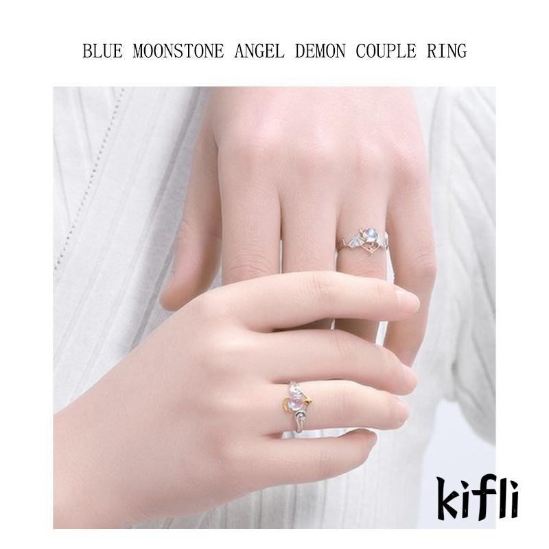 Perhiasan Cincin Silver Desain Malaikat Devil Hias Moonstone Biru Untuk Pasangan (KD)