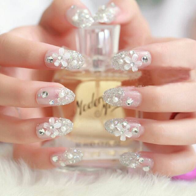 Wedding party fake nail Clear Rhinestone Flower kuku palsu 3D + LEM