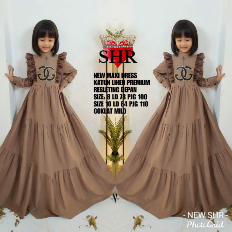 NEW SHR KIDS 100% Dress maxi katun linen rempel canda import syahira milo lime