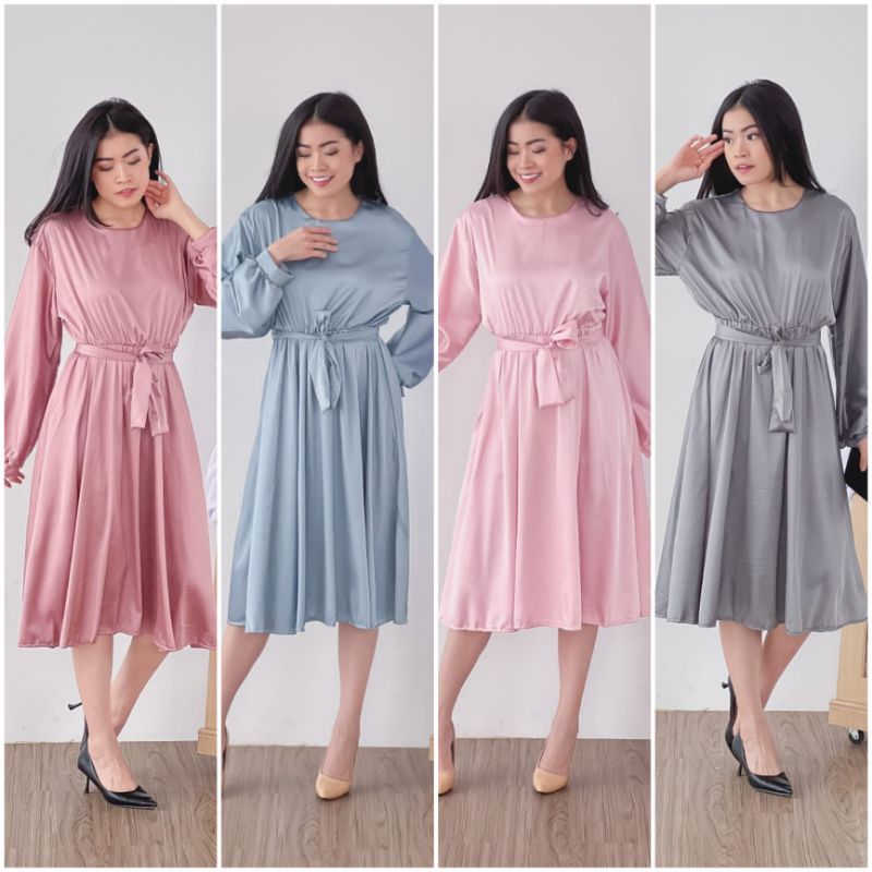 ⚡️CLEARANCE SALE ♡ PREMIUM ♡ ORIGINAL ! MIRRIAM TUNIK VINTAGE PLAIN LONG SLEEVE OBI TIED FLARE MIDI DRESS