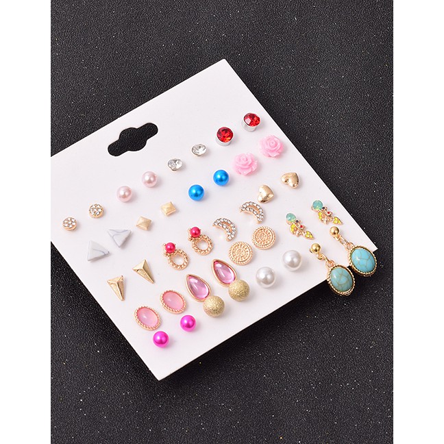 LRC Anting Set Fashion Suit Diamond Heart Resin Pearl Geometric Stud Earring Set P59183