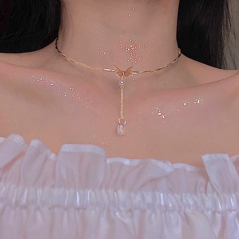 Kalung Choker Rantai Banyak Lapis Dengan Liontin Kupu-Kupu Warna Emas / Silver Untuk Wanita