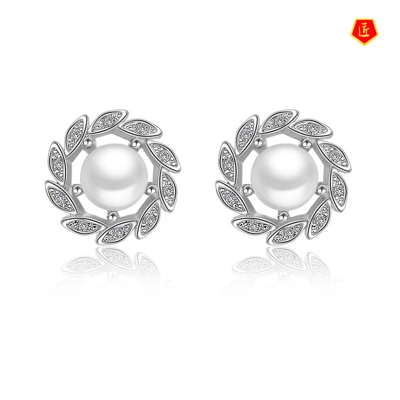 [Ready Stock]Sweet 925 Silver Sprout Leaf Pearl Ear Studs