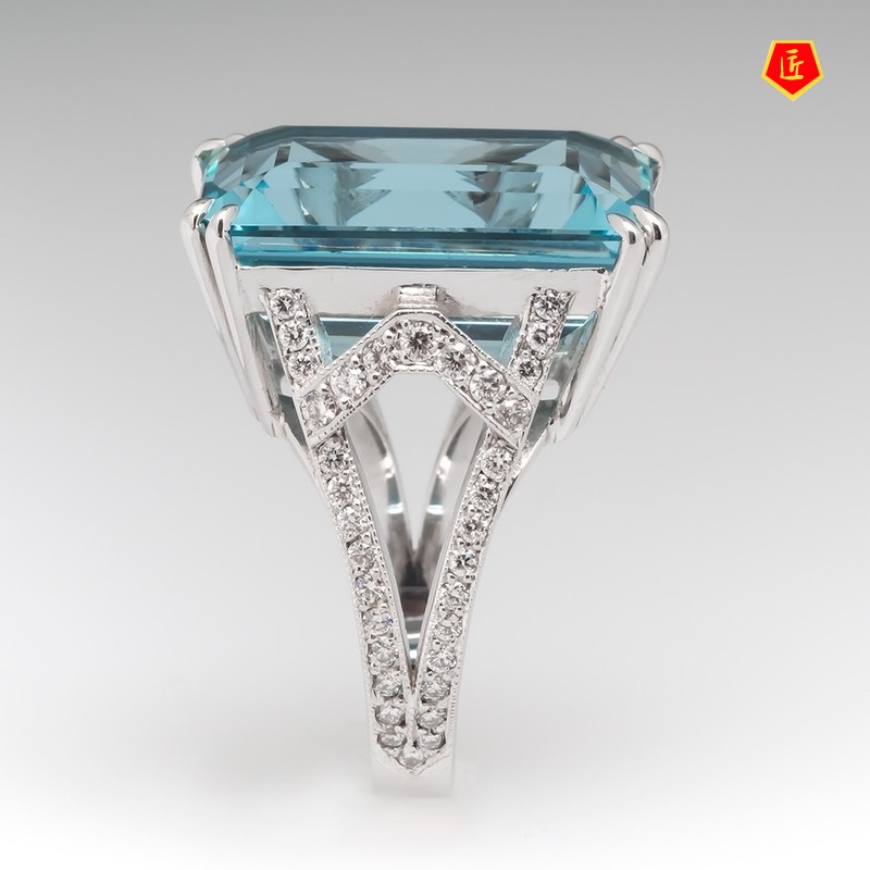 [Ready Stock]Inlaid Sea Blue Topaz Square Diamond Ring Fashion