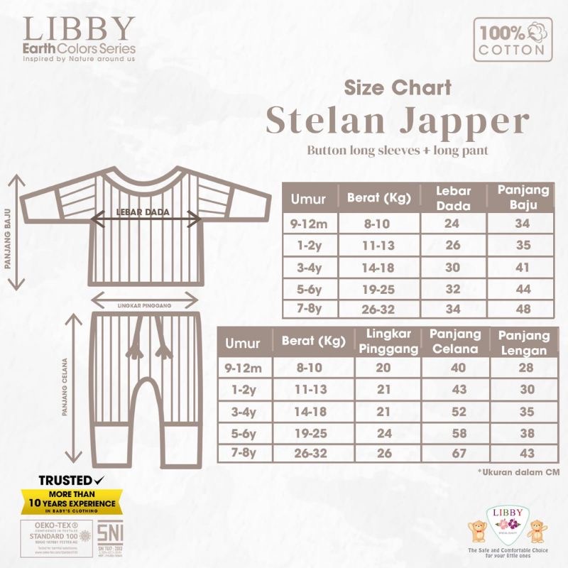 LIBBY INDONESIA Stelan Baju Lengan Panjang Celana Panjang Jasper Set | Baju Tidur | Motif Earth Jasper Set | Unisex ( Cewek &amp; Cowok ) Untuk Bayi &amp; Anak ( 1 Stel )