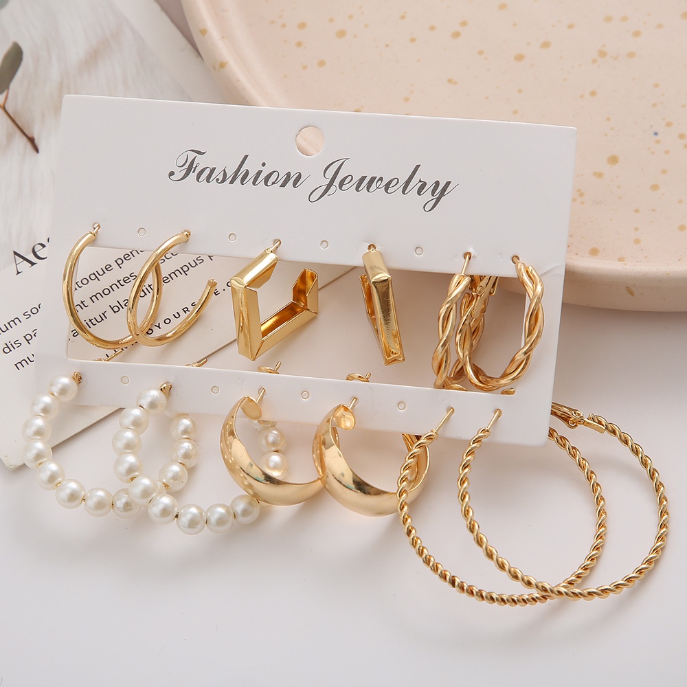 6 Pasang / Set Anting Hoop Bentuk Persegi Aksen Mutiara Warna Emas Untuk Wanita