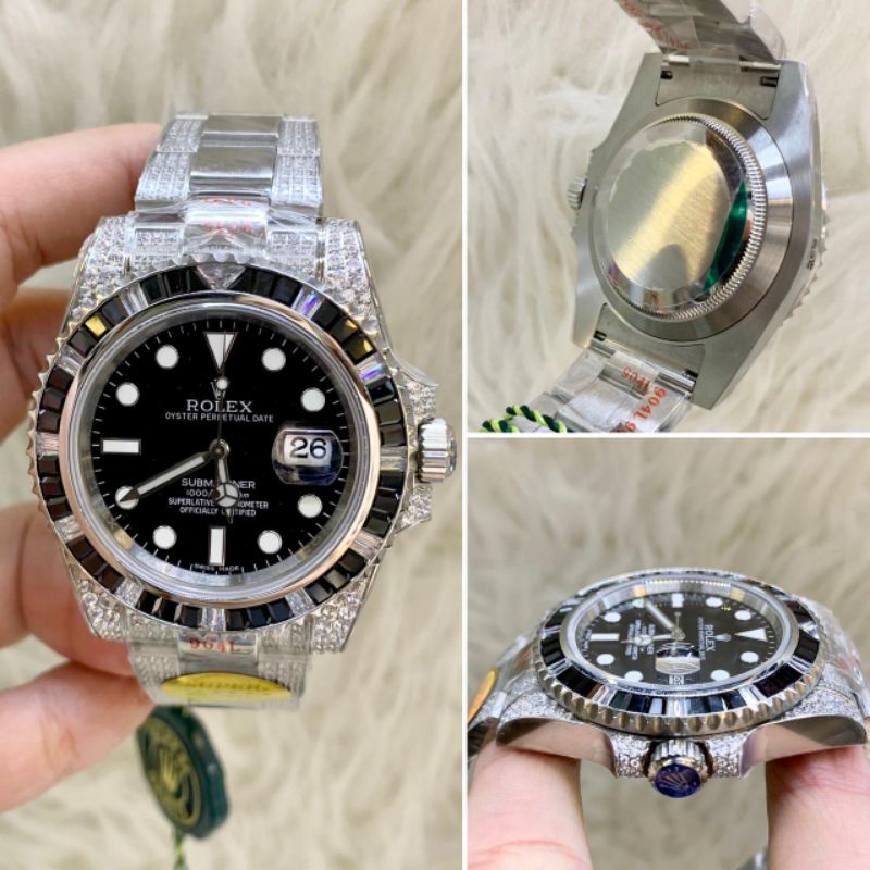 KERATON JAM TANGAN PRIA ROLEX SUBMARINER BLACK FULL DIAMOND SWISS AUTOMATIC MOVEMENT DIAMETER 4CM