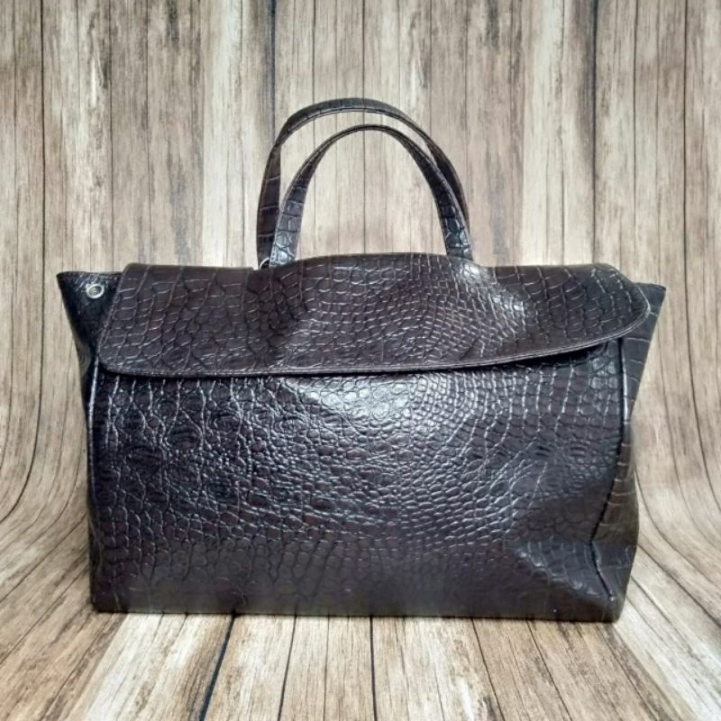 Tote Bag Kwani Dark Brown/Leather Bag Croco/ Tas Tote Wanita warna Coklat Tua/ Tas Kulit Preloved