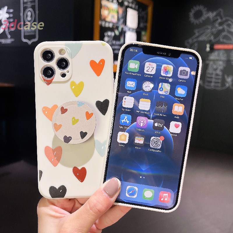 Casing Soft Case Compatible For iPhone 12 mini 12 pro max 7 Plus 11 pro max X XR 7 6 8 6S Plus XS MAX SE 2020 Motif Hati Dan Daun With Stand Holder