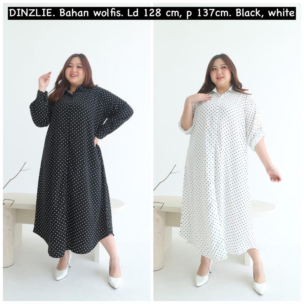 KEMEJA PANJANG GAMIS LONG DRESS MOTIF DOT DOTS POLKA POLKADOT BAHAN WOLFIS WARNA HITAM PUTIH