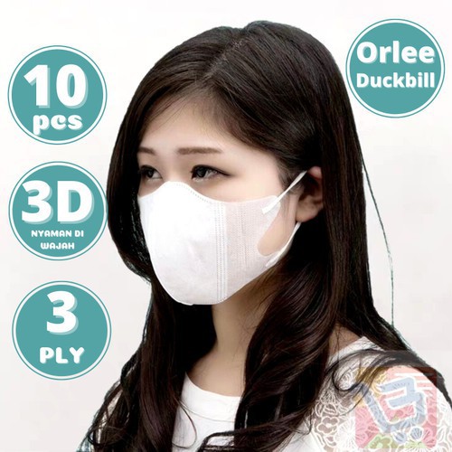 Masker Duckbill Orlee Earloop 3ply 10 pcs / Putih Hitam Asli Indonesia