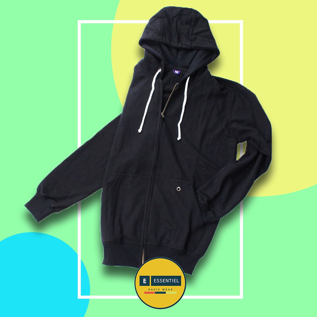 Hoodie Zipper Sweater Basic Polos Warna Hitam Black Solid Cowok Cewek