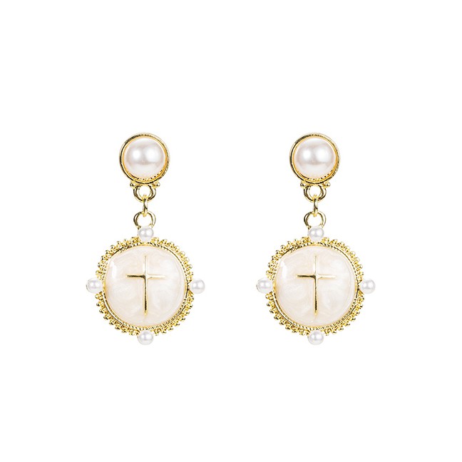 LRC Anting Tusuk Fashion Gold Metal Sugar Pomelo Pearl Geometric Round Earrings F89467