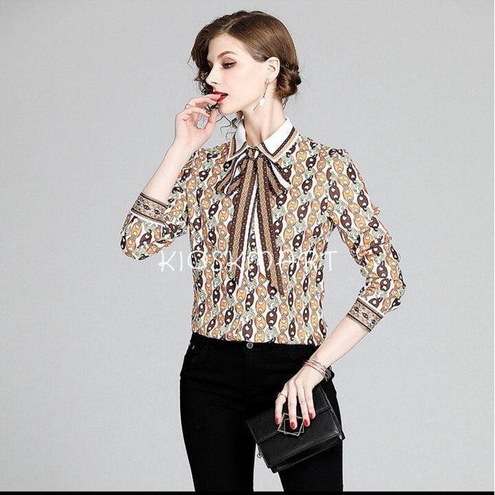 KIOSKMART - KEMEJA WANITA COKLAT MOTIF RANTAI / KEMEJA KERJA / KEMEJA KERJA WANITA