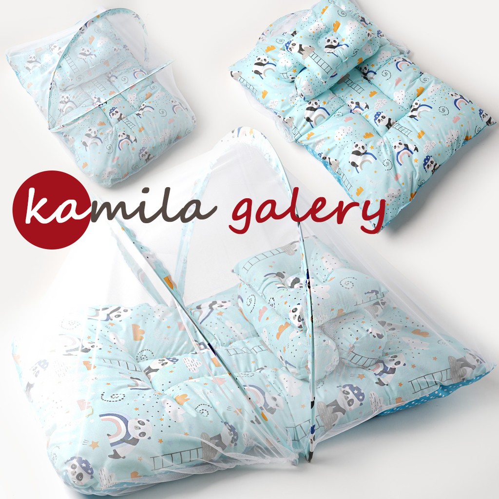 KASUR BAYI KELAMBU TERLARIS FREE BANTAL PEYANG + GULING / PERLENGKAPAN TIDUR BAYI KADO LAHIRAN BABY-blue panda