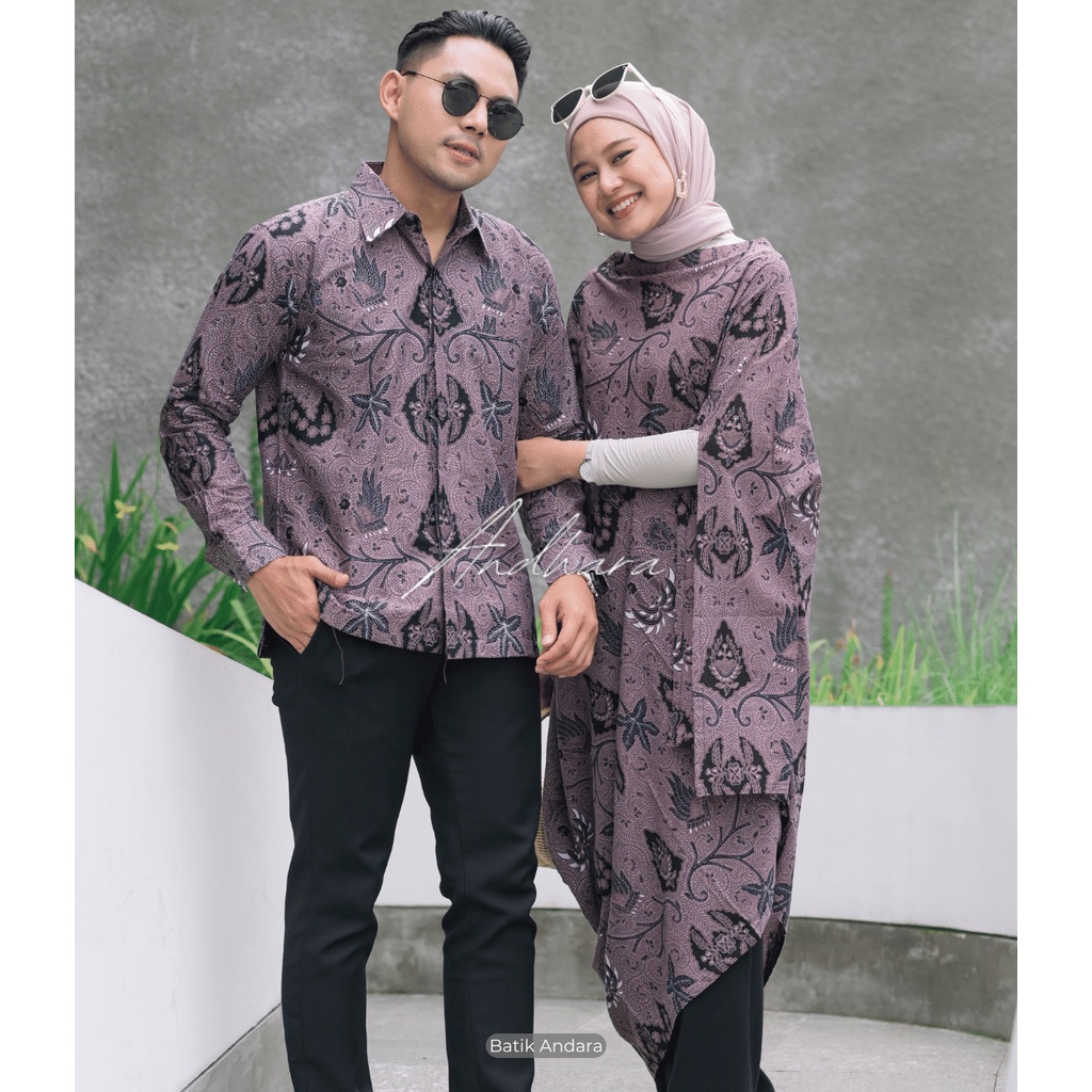 Couple Batik  Modern Kondangan Keluarga Kemeja Kaftan Set WAHYU UNGU CPL