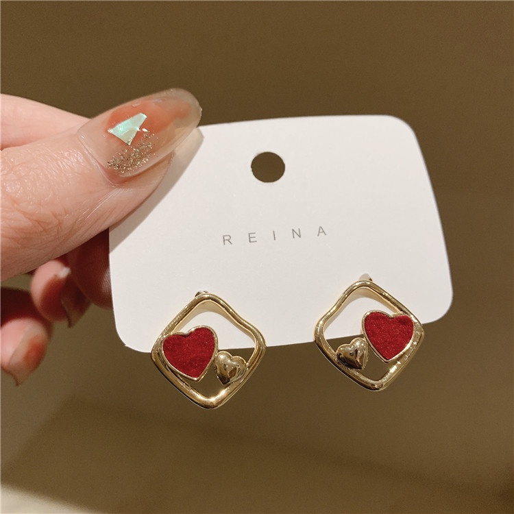 Anting Tusuk Sterling Silver 925 Desain Hati Merah Gaya Korea Elegan Untuk Wanita