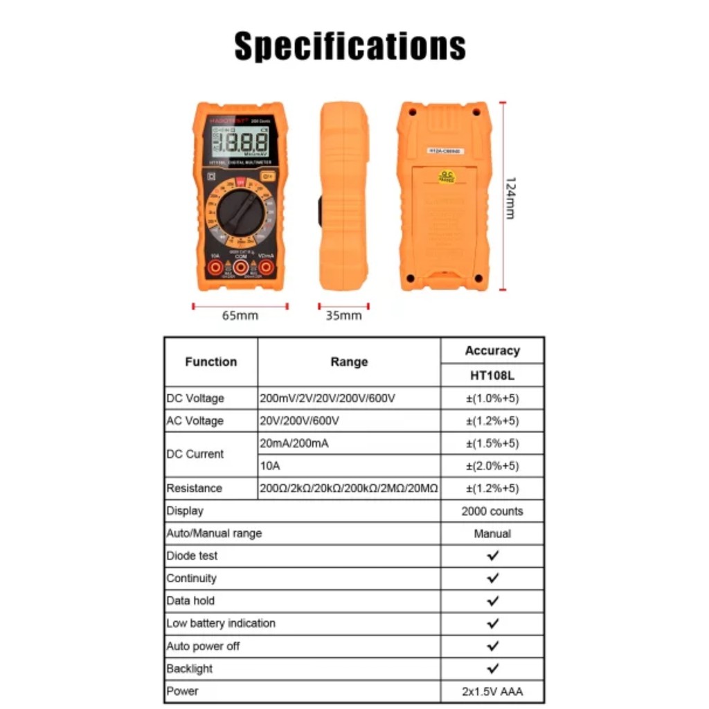 Multitester Multimeter Avometer Digital Habotest HT108L Voltase Meter Ohm AC DC 600V Amper Resistans