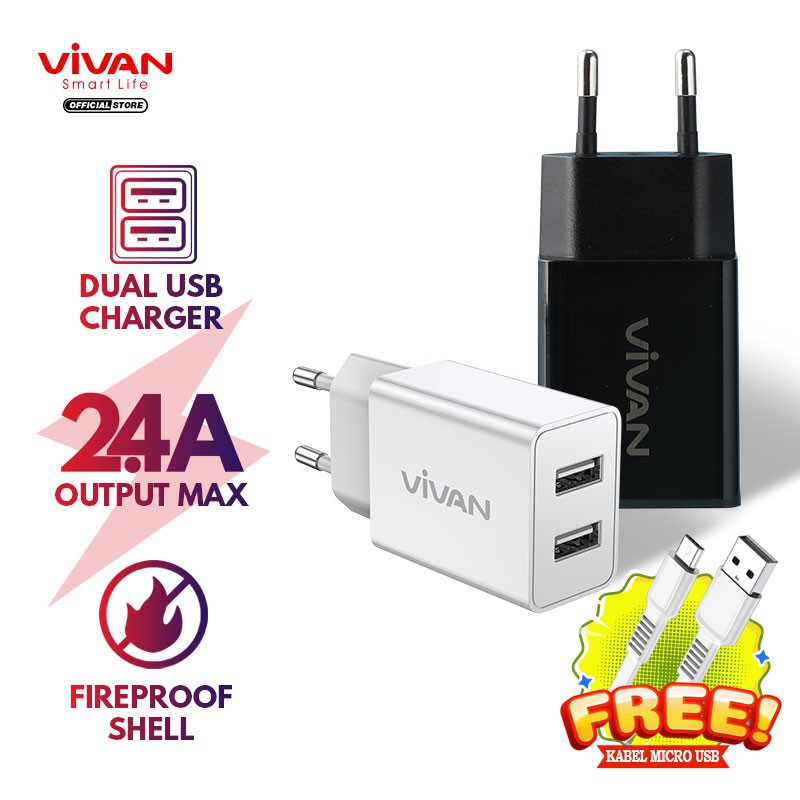 Charger 2.4A  Dual USB VIVAN DD02 12W with Charging Cable