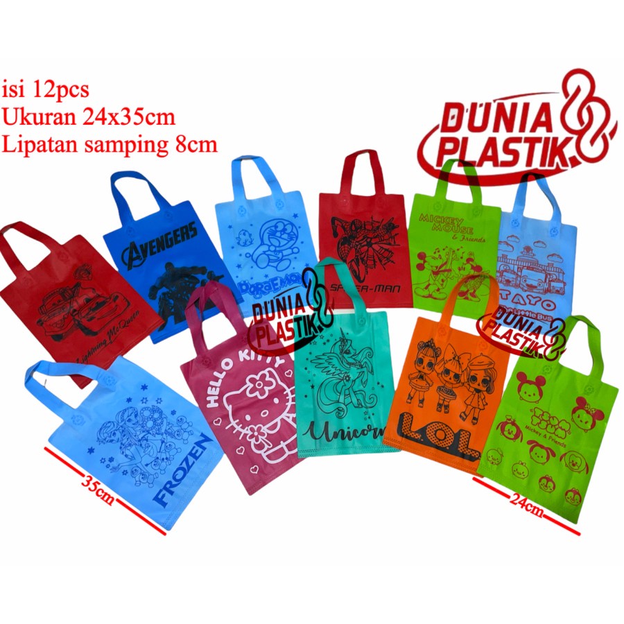 

isi12pc TAS KAIN KARAKTER sablon acara party pesta ultah ulang tahun anak souvernir goodie bag kado spunbob gasset tas ramah lingkungan anak cowok cewek spidermen hellokiti unicorn frozen doraemon cars tayo lol tsumtsum