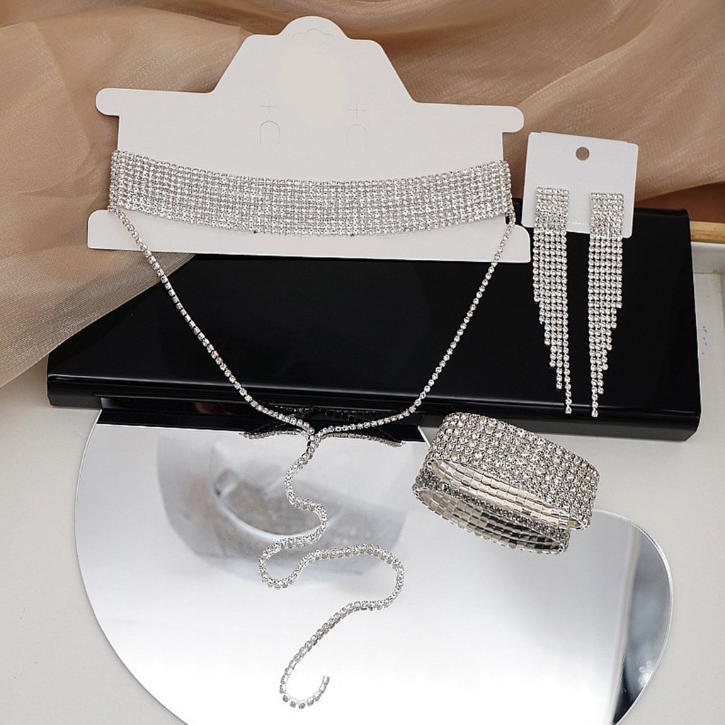 Hu Hu Hu Hu Hu Alat Bantu Pasang Kacamata♡ 1 Set Perhiasan Kalung Anting Gelang Rumbai Berlian Imitasi Adjustable Untuk Pernikahan