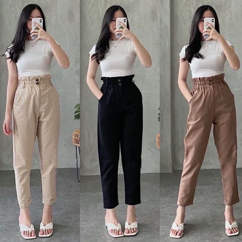 celana panjang wanita baggy pants kekinian bahan linen