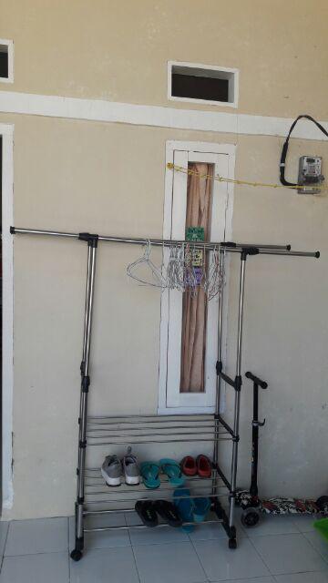 (cod) Triple Stand Hanger Stainless 3 Susun 2 Sisi Dilengkapi Roda Serbaguna - Shenar