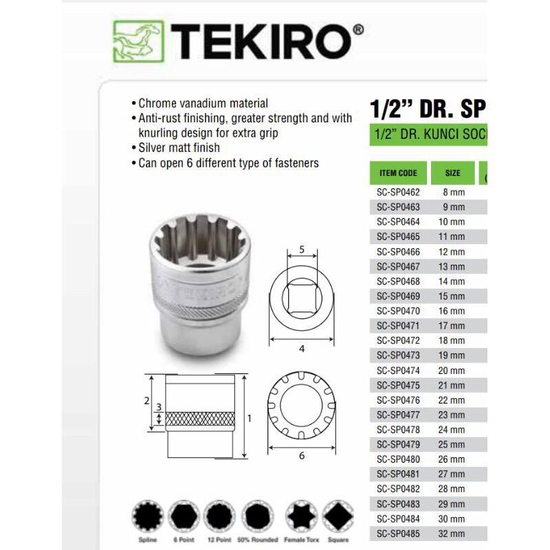 Kunci Mata Soket SPLINE 8 ~ 19 mm 1/2&quot; inch DR / Socket / Spline Sock Spanner TEKIRO