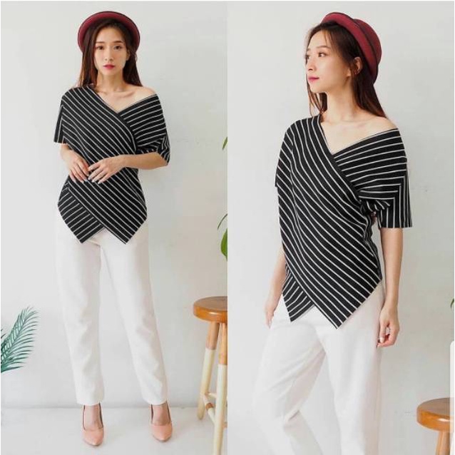 BEFAST - ZEC Atasan Garis UMJI / Ediz Top / Atasan Salur / Atasan Vneck Model Wanita / Baju Atasan Wanita Vneck Salur Terbaru / Atasan Motif Garis-Garis / Blouse Formal / Blouse Lengan Pendek Terlaris